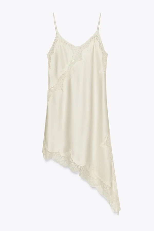 Satin Lace Trim V-neck Asymmetrical Hem Slip Mini Dress