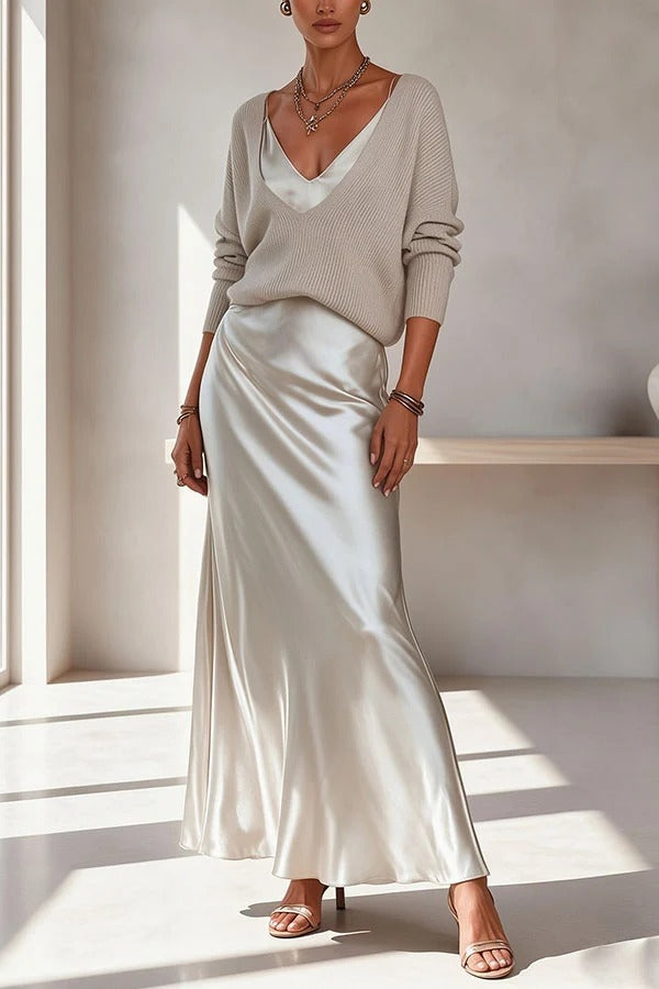Velma Ribbed Knit V-neck Long Sleeve Relaxed Sweater and Satin Slip Midi Dress