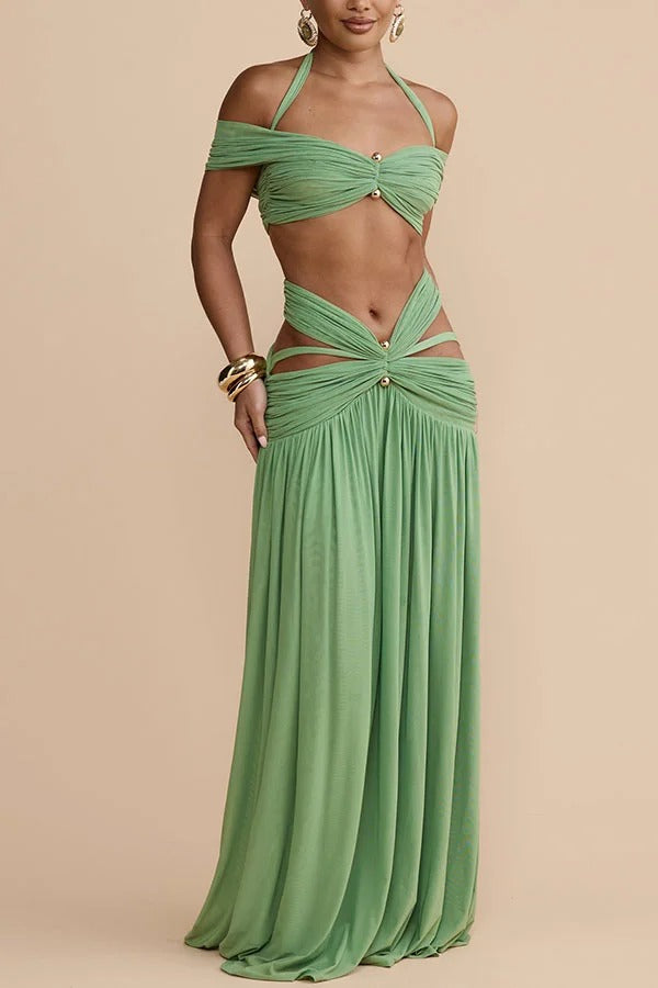 Martina Stretch Mesh Gold Metal Detail Gathered Sweetheart Crop Halter Vacation Tank