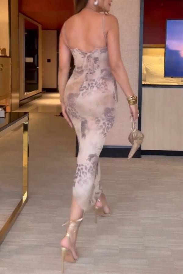 Cup Boning Mesh Print Bodycon Midi Dress