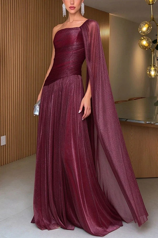 Maison Lurex Shimmer Ethereal One-Shoulder Draped Maxi Dress