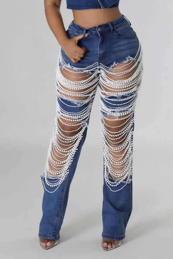 Rhinestone/Pearl Fringe High-Waisted Straight-Leg Jeans