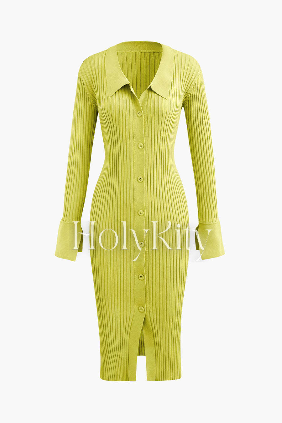 Midikleid aus Rippstrick mit Kragen und Knopfleiste