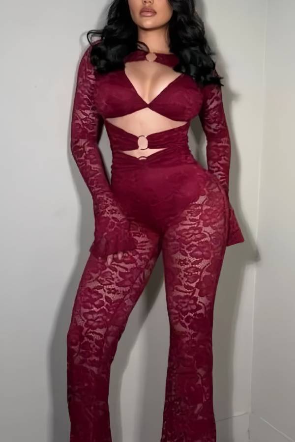 Cut‑Out O‑Ring Lace Long Sleeve Flare Pants Two‑Piece Set