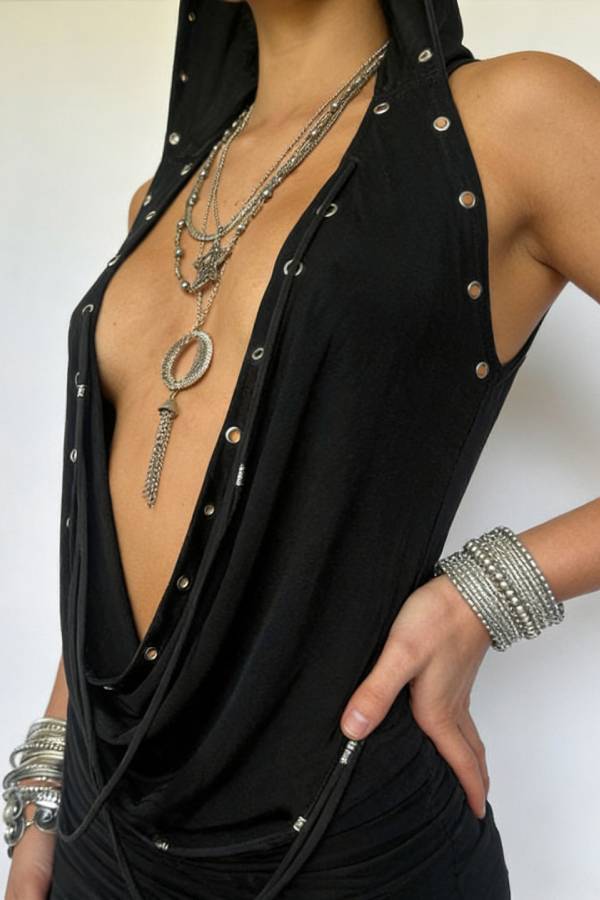 Hooded Cowl Neck Rivet Cutout Lace‑Up Bodycon Mini Dress