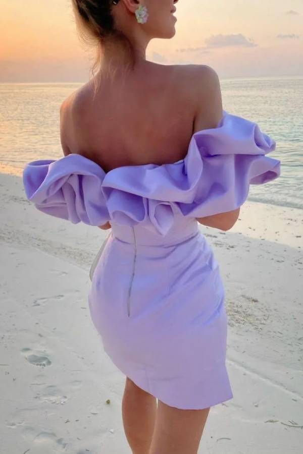 Satin Off-the-Shoulder Ruffled Waist-Tied Mini Dress