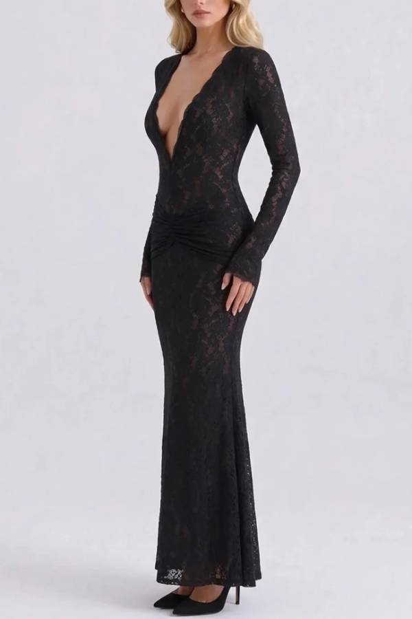 Black Lace Deep Plunge V-Neck Long Sleeve Ruched Bodycon Maxi Evening Dress