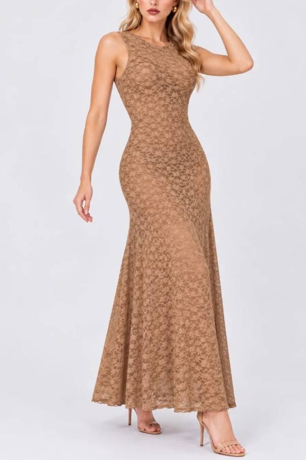 Sleeveless Crew Neck Lace Column Maxi Dress in Tan