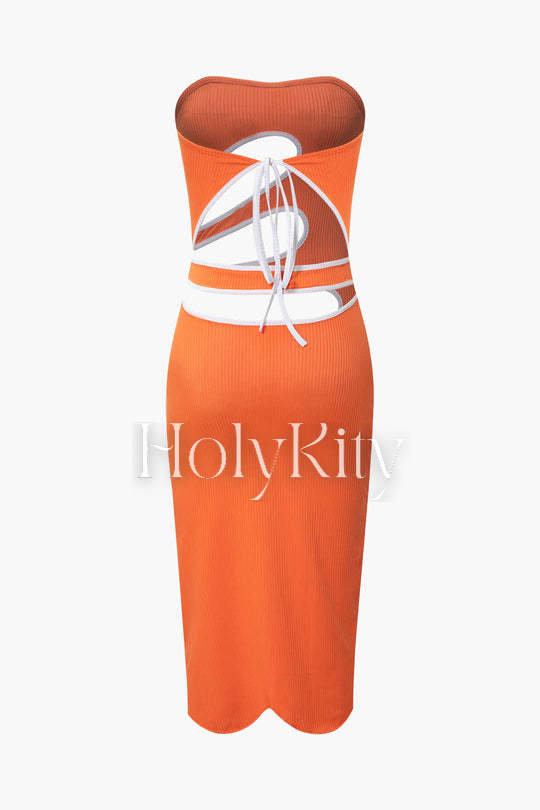 Cut Out Tie Back Strapless Midi Dress