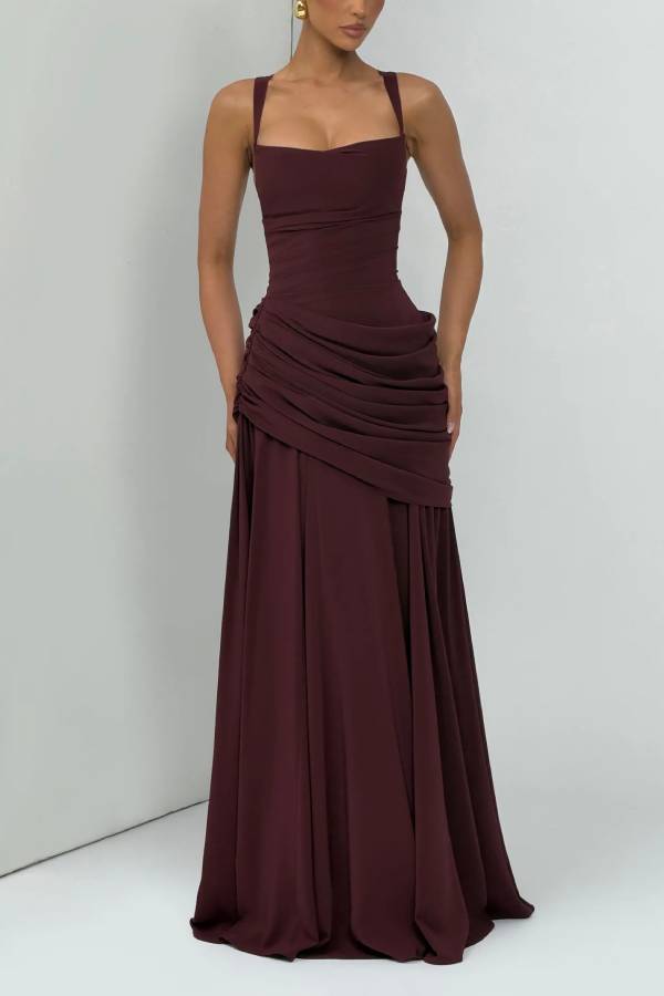 Stylish Spaghetti Strap Square Neck Slim-fit Elegant Pleated Maxi Dress