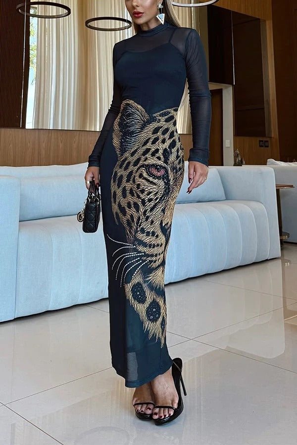 Sexy Mesh Rhinestone-Embellished Sheer Leopard Print Long Sleeve Stretch Midi Dress