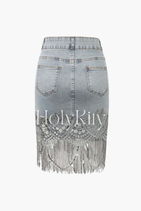 Sequin Fringe Hem Denim Skirt