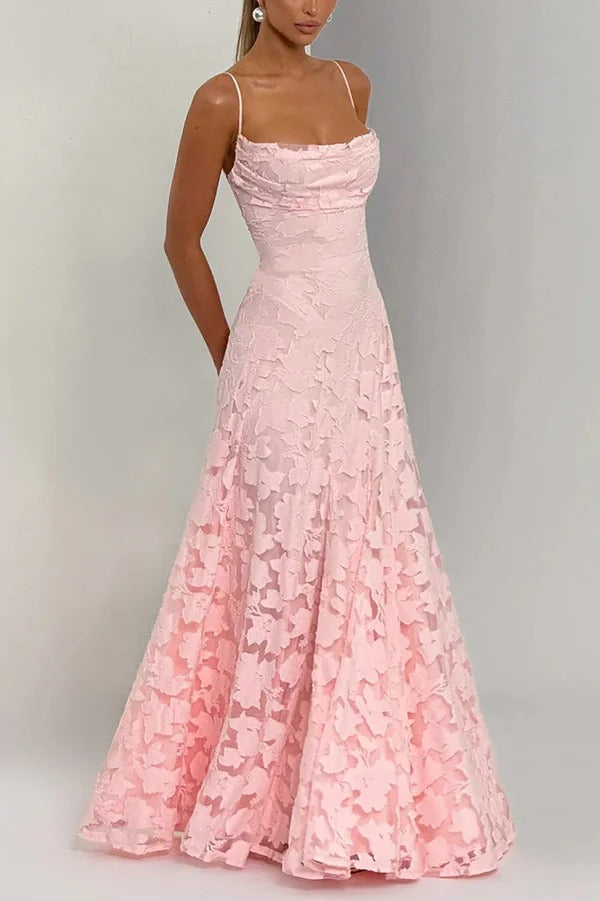 Francis Floral Burnout Jersey Fabric Cowl Neck Back Lace-up Maxi Dress