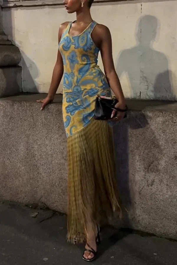 Unique Print Sleeveless Fitted Fringed Hem Maxi Dress