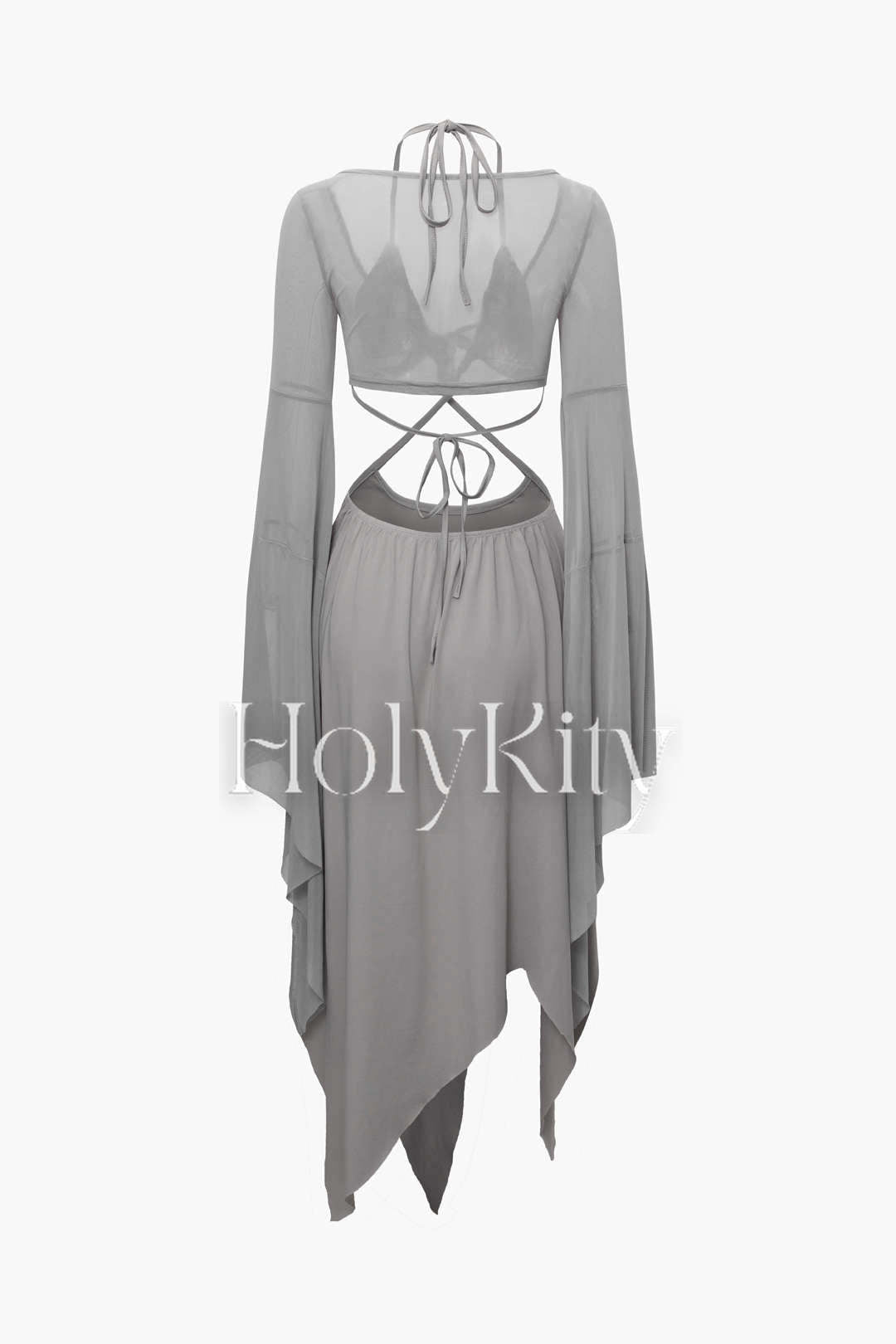 Set aus asymmetrischem Neckholderkleid aus Netzstoff und Bolero mit Krawatte