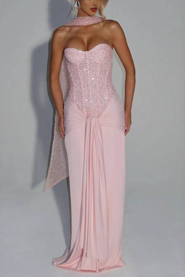 Strapless Sequin Corset Ruched Slit Evening Gown