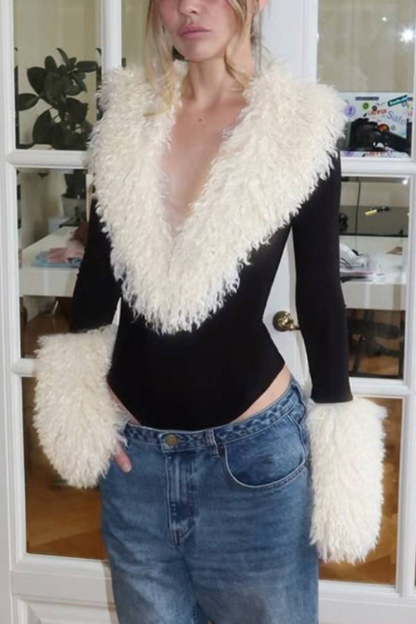 Fur Trim Deep V Slim Bodysuit