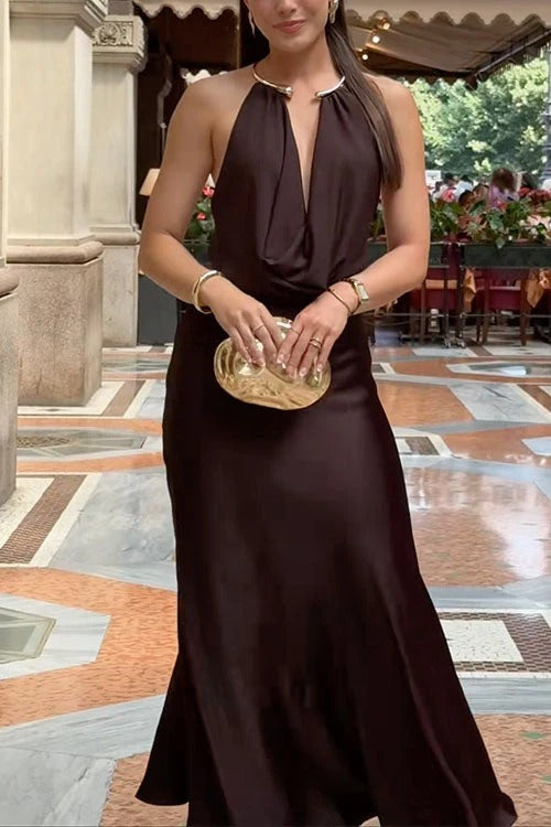 Halter Cowl Neck Backless Satin Maxi Party Dress