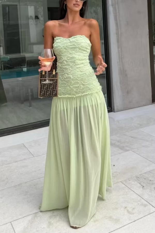 Stylish Three-dimensional Floral Chiffon Patchwork Strapless Elegant Maxi Dress
