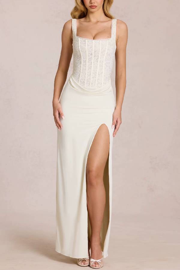 Lace Corset High-Slit Form-Fitting Evening Gown