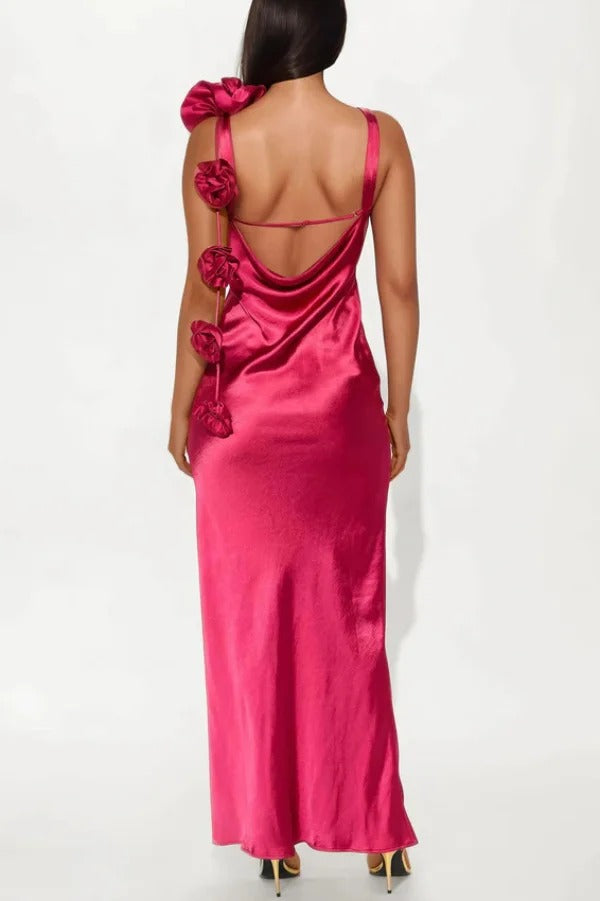 Satin Floral Embellishment Backless Elegant Slim-fit Maxi Dress