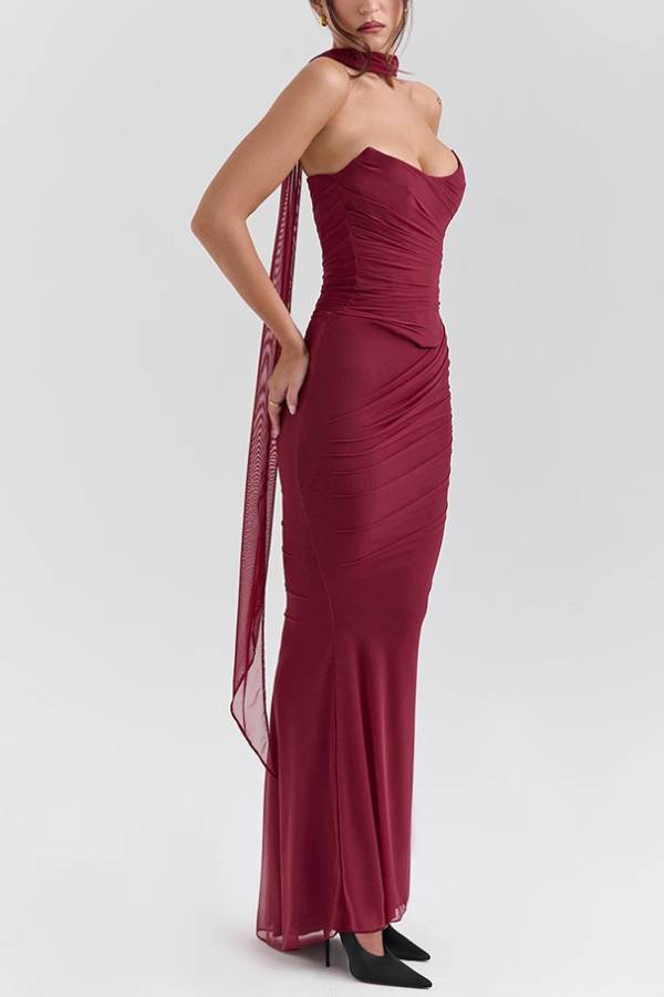Halter Sash Strapless Ruched Mesh Mermaid Maxi Gown