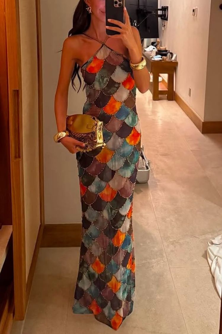 Little Mermaid Colorful Scales Print Halter Maxi Dress