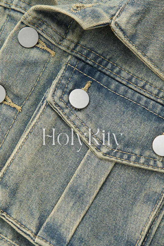 Veste courte en jean boutonnée avec poche à rabat effet vieilli