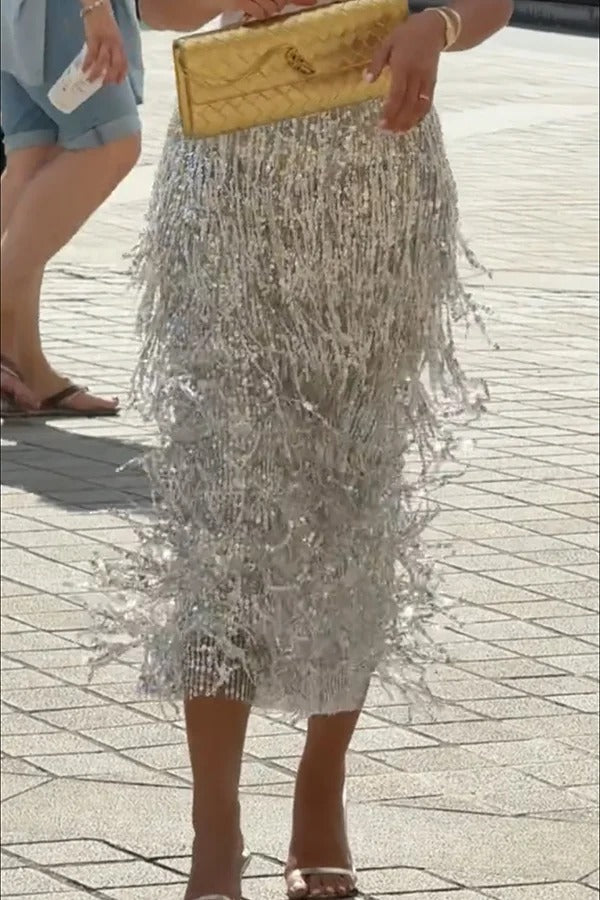 Evening Charm Layered Sequined Tassels High Rise Back Zipper Slit Midi Skirt