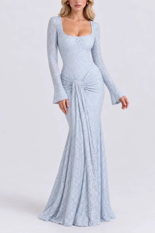 Square Neck Long Sleeve Lace Draped Front Maxi Dress