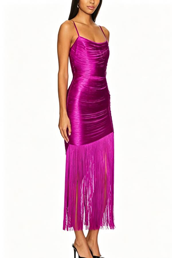 Cocktail Party Tassel Cowl Neck Sleeveless Drape Hem Slip Maxi Dress