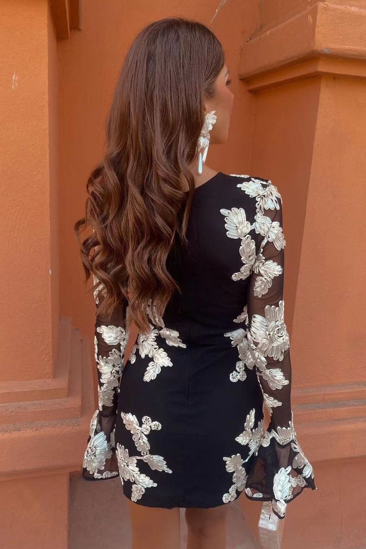 Backless Long Flared Sleeve Embroidered Mesh Layered Foil Mini Dress