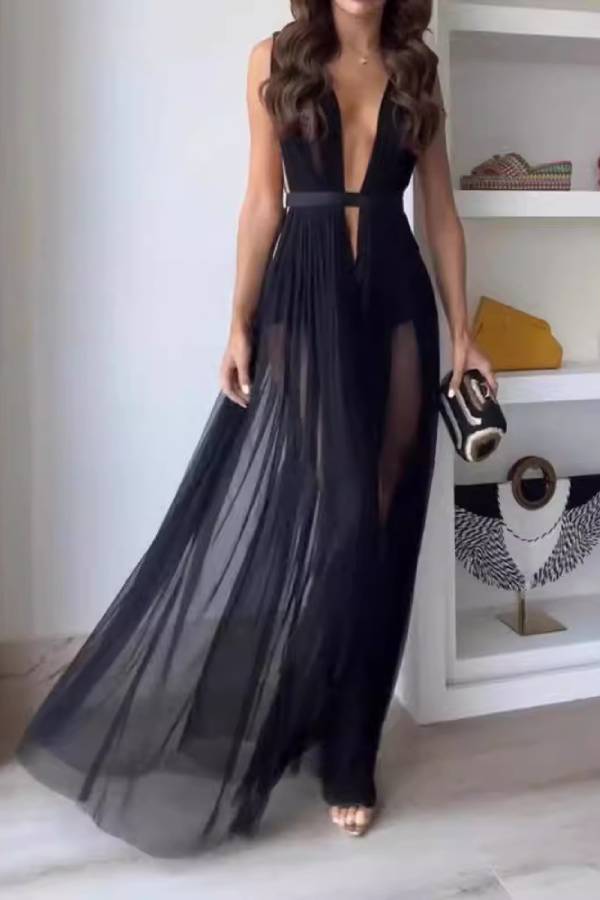 Sleeveless Deep V Waist Cutout Double Layer Mesh Sheer Train Evening Dress