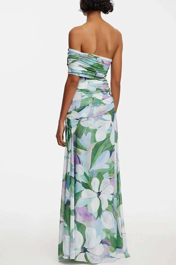 Sunshine and Wine Mesh Floral Print Off Shoulder Ruched Stretch Maxi Dress