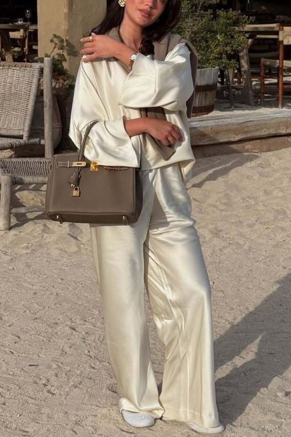 Silky and Elegant Satin Wide Neck Long Sleeve Loose Top and Elastic Waist Wide Leg Pants Set