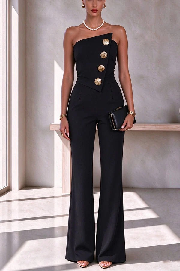 Sexy Strapless Button Embellished Flared Leg Jumpsuit