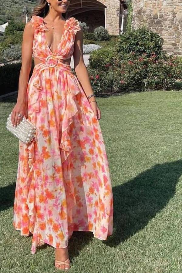 Deep V-neck Floral Hollow Maxi Dress