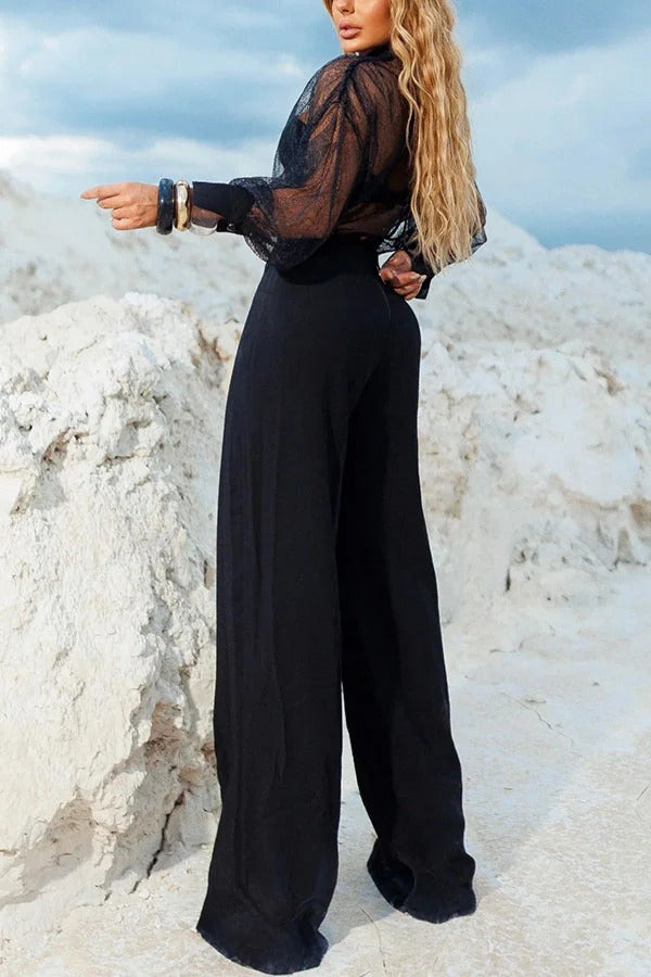 Geogie Sheer Lace Deep V-neck Long Sleeve High Rise Wide Leg Jumpsuit