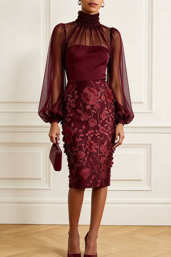 Tanie Tulle High Neck Long Lantern Sleeve 3D Floral Appliqués Hem Midi Dress