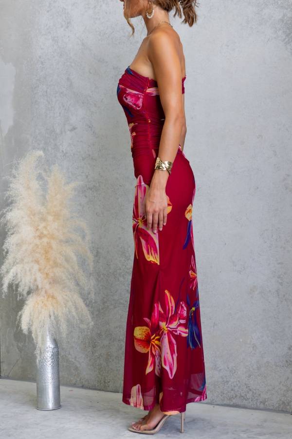 One-Shoulder Floral Print Ruched Mesh Bodycon Maxi Dress