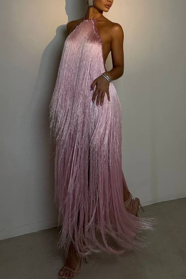 Pink Ombre Fringe Halter Backless Slit Maxi Evening Dress