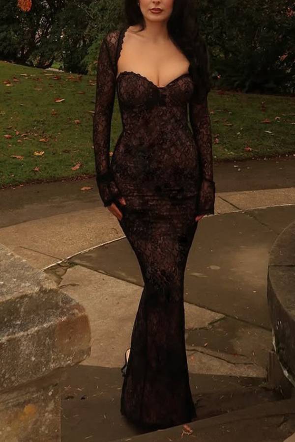 Deep V Long Sleeve Lace Mermaid Maxi Dress