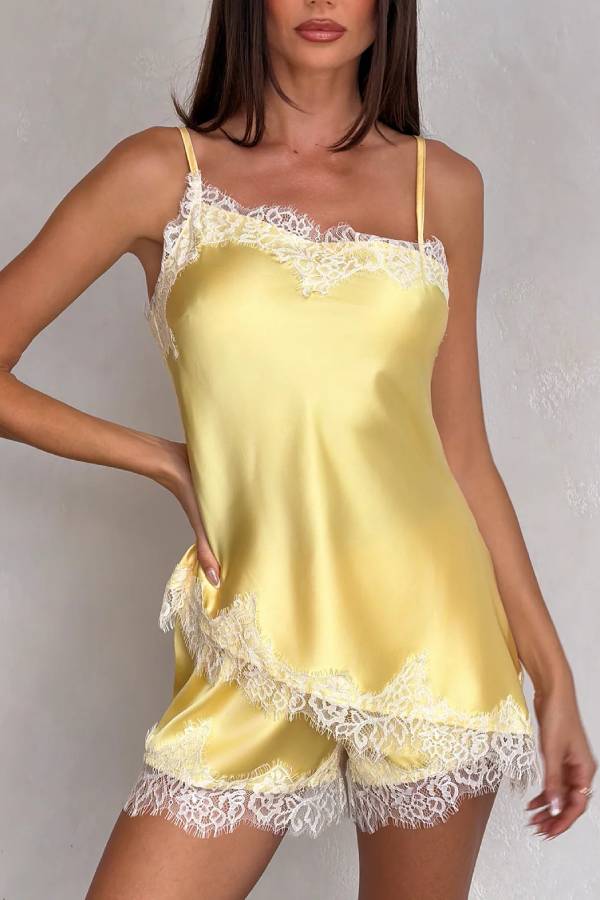 Satin Eyelash Lace Cami Top & Shorts Two Piece Lingerie Pajama Set