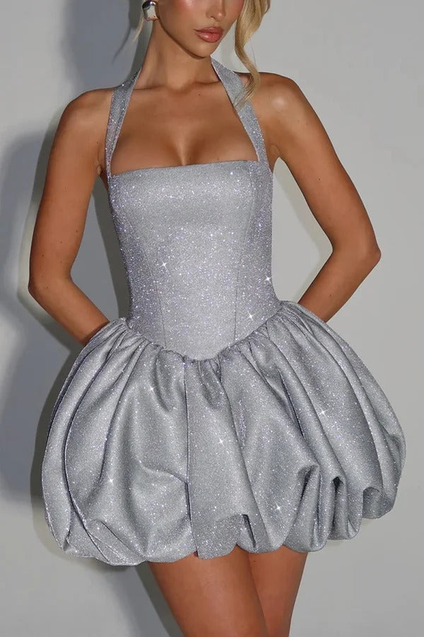 Araminta Glitter Fabric Square Halter Tie Neck Back Lace-up Fluffy Bubble Mini Dress