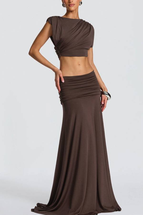 Wrap-around Crop Top + High-Waisted Pleated Skirt Set