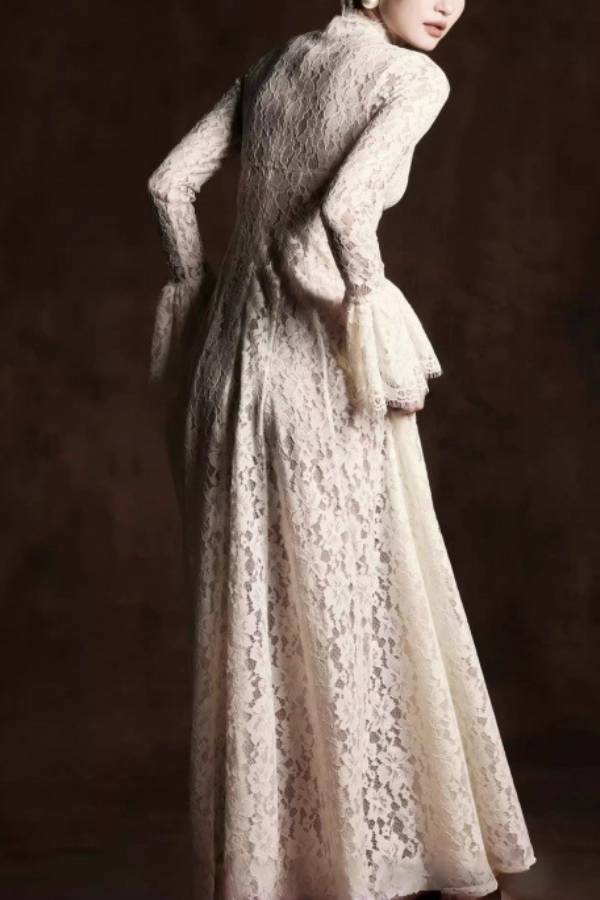High Neck Flare‑Sleeve Lace Long Evening Dress