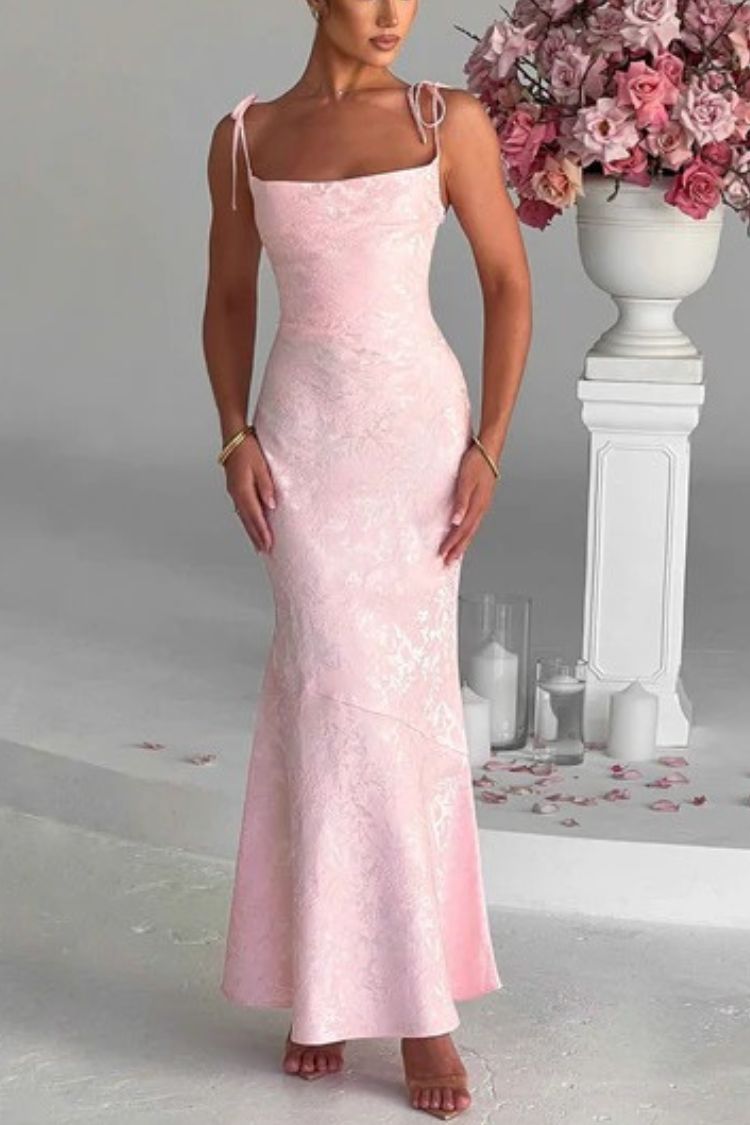 Jacquard Fabric Elegant Suspender Tie Slim Fishtail Maxi Dress