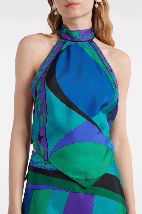 Satin Unique Print Halter Top and Irregular Midi Skirt Set