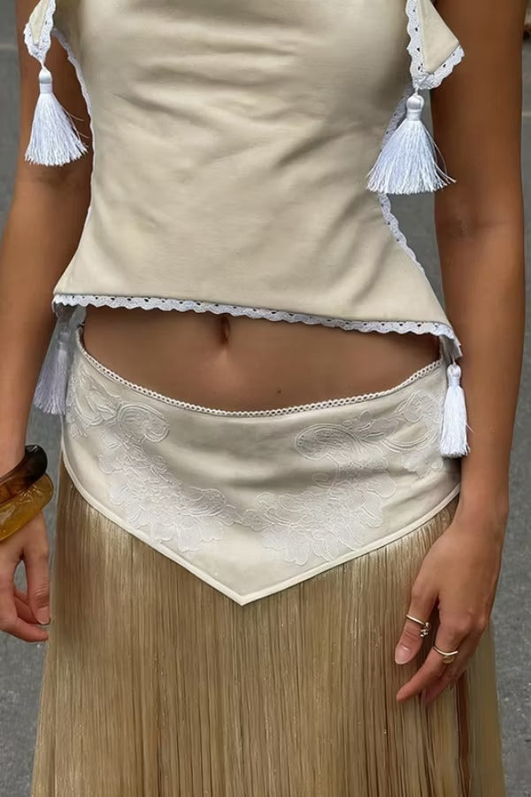 Stylish Halter Neck Lace Up Tassel Pendant Backless Top