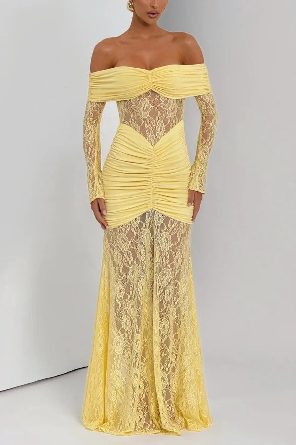 Solid Color Patchwork Lace Off-shoulder Long-sleeved Pleated Slim-fit Maxi Dress